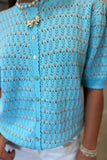 Pointelle Puff Sleeve Cardigan Top Blue Orange
