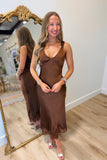 Lined with Lace Satin Midi Dress Brown