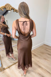 Lined with Lace Satin Midi Dress Brown