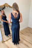 Moody Midnight Satin Draped Dress Navy