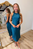 Satin Noir Sleeveless Midi Dress Teal