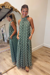 Chloe Polka Dot Halter Dress Olive