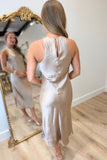 Satin Noir Sleeveless Midi Dress Beige