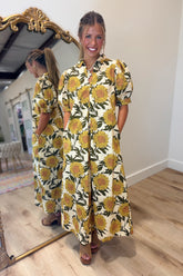Golden Sunflower Puff Sleeve Midi Dress