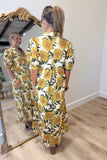 Golden Sunflower Puff Sleeve Midi Dress