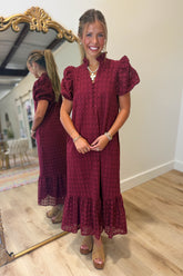 Lanie Eyelet Puff Sleeve Dress Maroon