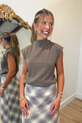 Megan Mock Neck Textured Knit Top Brown