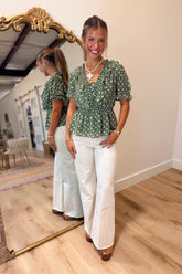 Maple Dot Ruffled Smock Top Olive