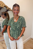 Maple Dot Ruffled Smock Top Olive