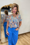Polished Paisley V Neck Top Blue