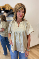 Umgee Metallic Puff Sleeve Blouse Cream