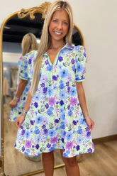 Umgee Floral Split Neck Dress Mint