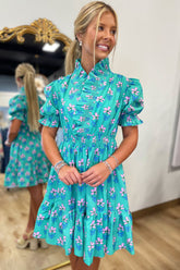 Umgee Pleated Split Neck Dress Green