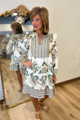 Umgee Tribal Bordered Print Dress Lt Olive