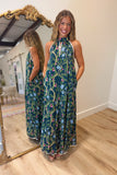 Floral Vine Halter Maxi Dress Green