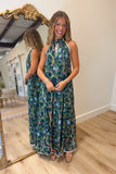Floral Vine Halter Maxi Dress Green