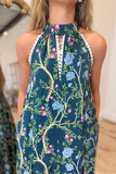 Floral Vine Halter Maxi Dress Green