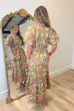 Gardenia Puff Sleeve Floral Midi Dress Olive
