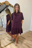 Bow Neck Puff Sleeve Dress Merlot