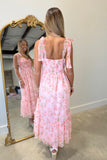 Floral Shirred Bodice Midi Dress Pink