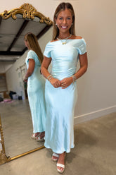 Crystal Tide Cowl Neck Satin Dress
