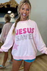 JESUS SAVES Patchwork Crewneck Sweatshirt Pink