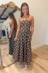 Dressy Dots Strapless Midi Dress Brown