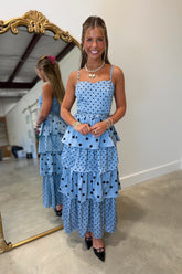 Evelia Polka Dot Tiered Midi Slit Dress Blue
