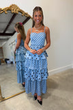 Evelia Polka Dot Tiered Midi Slit Dress Blue