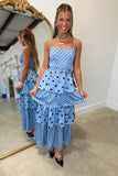 Evelia Polka Dot Tiered Midi Slit Dress Blue