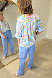 Tempo Paris One Button Blouse Turquoise Print