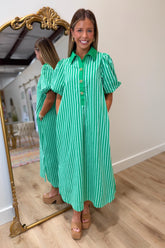 Gold Button Mono Stripes Dress Green