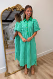 Gold Button Mono Stripes Dress Green