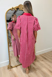 Gold Button Mono Stripes Dress Red