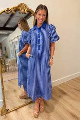Gold Button Mono Stripes Dress Blue