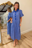 Gold Button Mono Stripes Dress Blue