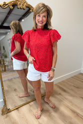 Scarlet Bloom Eyelet Top Red