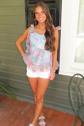 A Floral Dream Shoulder Tie Top Blue