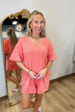 Ballpark Babe Mineral Washed Knit Romper Coral