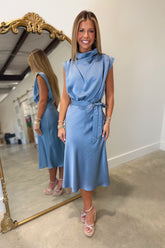 Poised Presence Satin Cowl Neck Midi Dress Blue