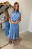 Poised Presence Satin Cowl Neck Midi Dress Blue