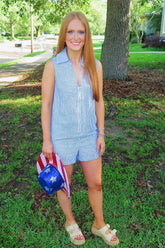 Sweet Land of Stripes Denim Romper