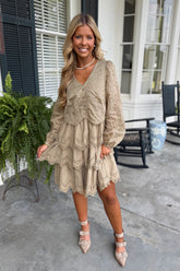 Layered Leaves Tiered Embroidered Dress Olive