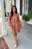 Layered Leaves Tiered Embroidered Dress Rust