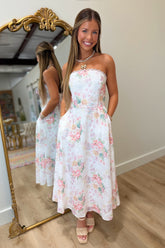 Overflow Floral Strapless Maxi Dress White