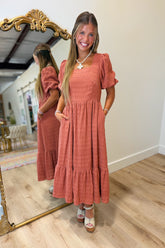 Textured Bubble Sleeve Midi Dress Brick