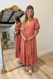 Textured Bubble Sleeve Midi Dress Brick