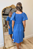 Textured Cinch Bubble Sleeve Midi Dress Blue