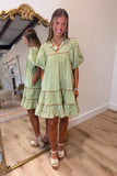 Lotus Jewel Puff Sleeve Dress Green