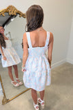 Delicate Floral Pastel Tiered Mini Dress Blue